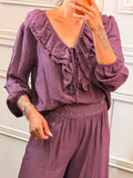 Blusa Boho com Folhos e Tachas na cor ameixa