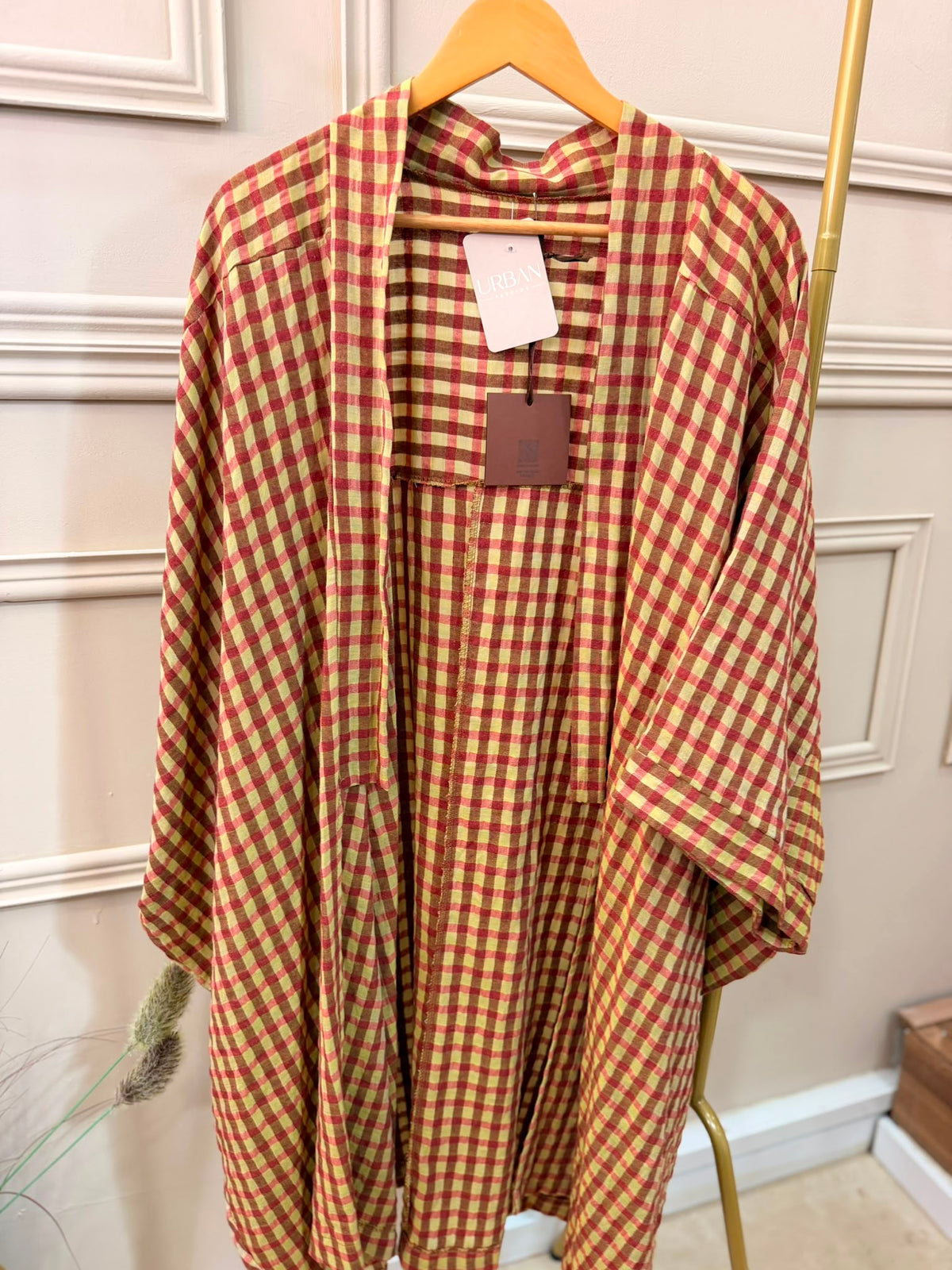 Quimono padrão Vichy na cor amarelo/vermelho